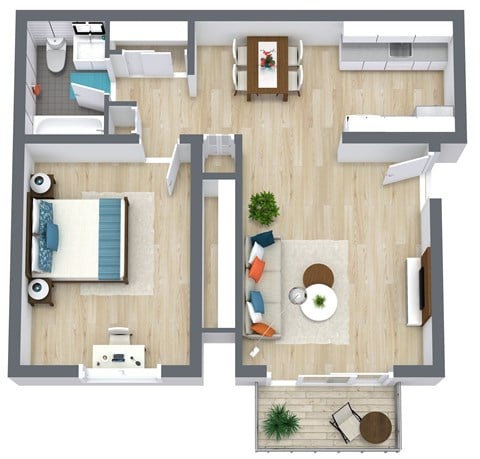 Floor plan for 1 bed, 1 bath, 600 sqft